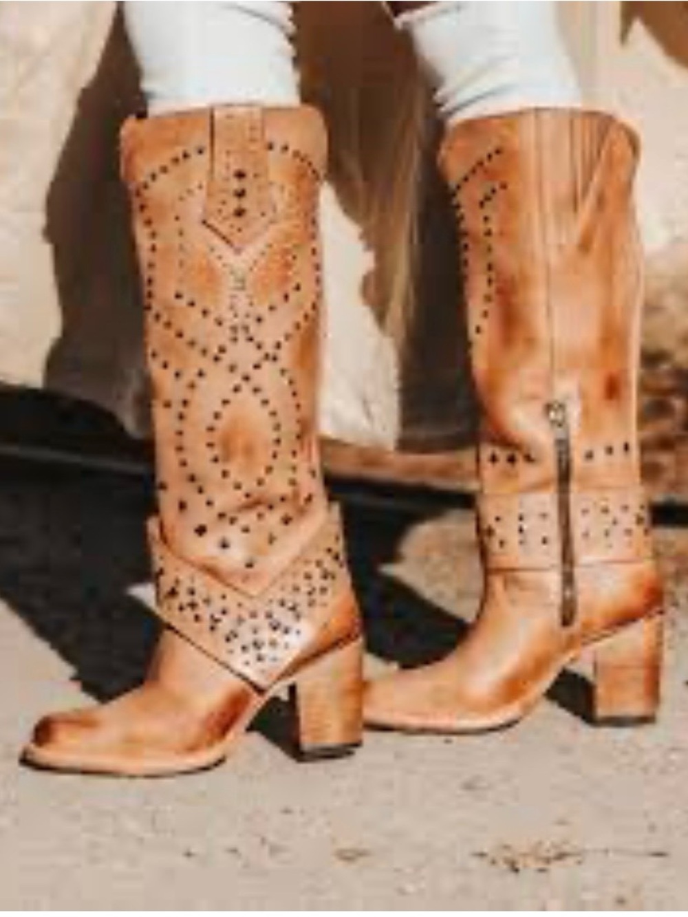 Freebird Pamela Tan Distressed Leather Studded Knee Boots 8